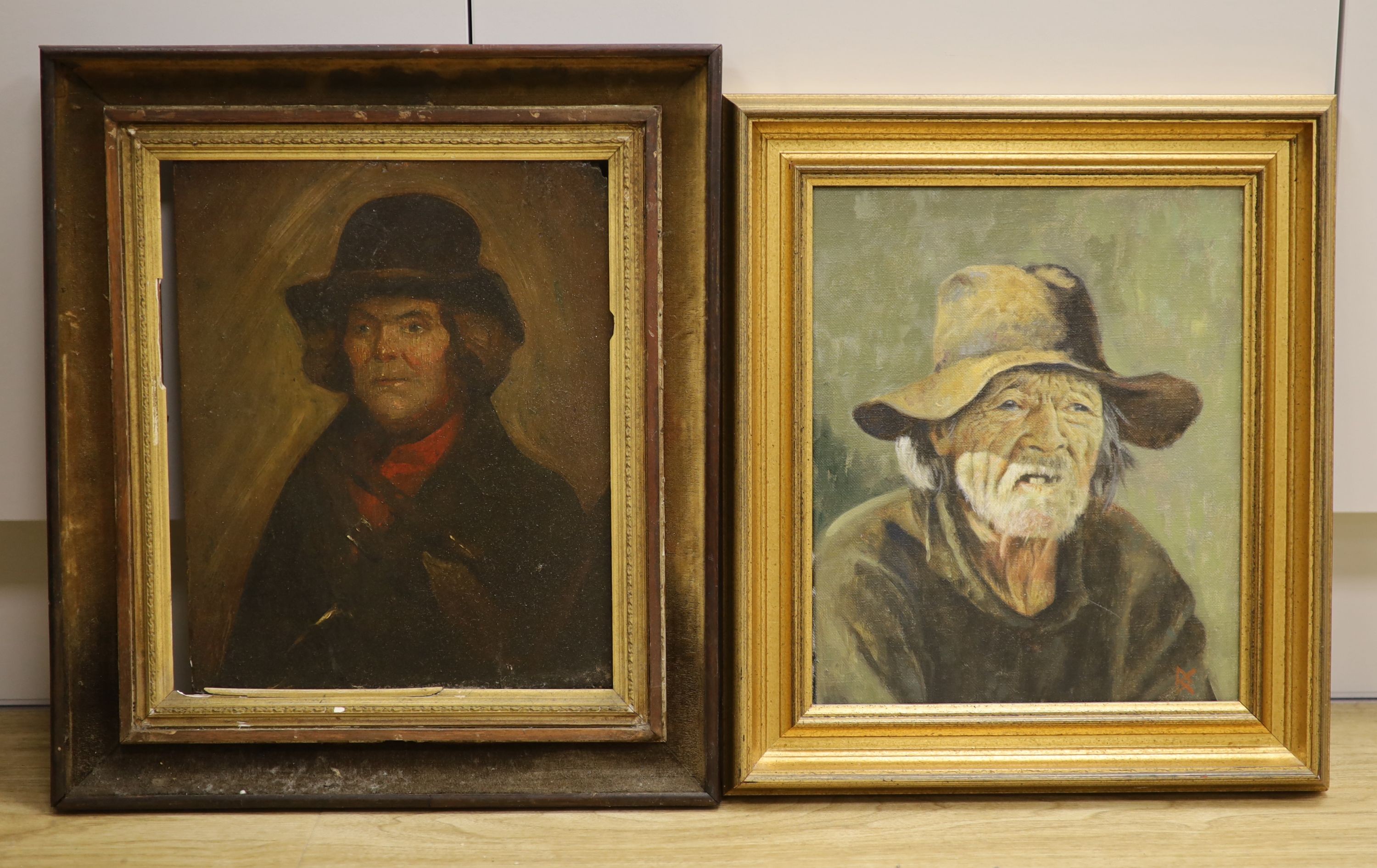 19th century English School, oil on wooden panel, Portrait of a gentleman, 30 x 25cm and a later portrait on canvas, 30 x 25cm